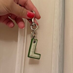 Coach Silver L Initial Keychain with Green Trim Charm